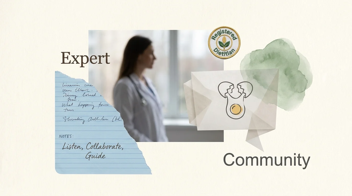 A collage featuring paper textures, speech bubbles, and a nutritionist silhouette to represent expert and community advice.