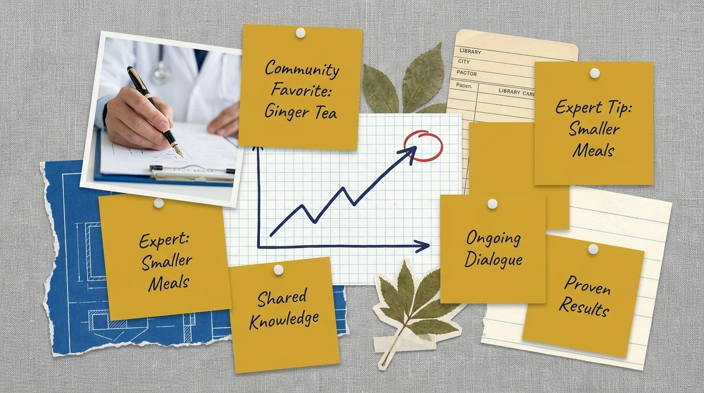 A collage of notes and expert tips representing shared community knowledge on digestive health.