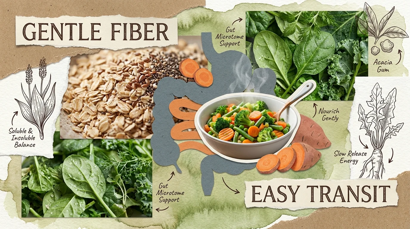 A collage of textures and sketches representing fiber-rich foods like oats and leafy greens.