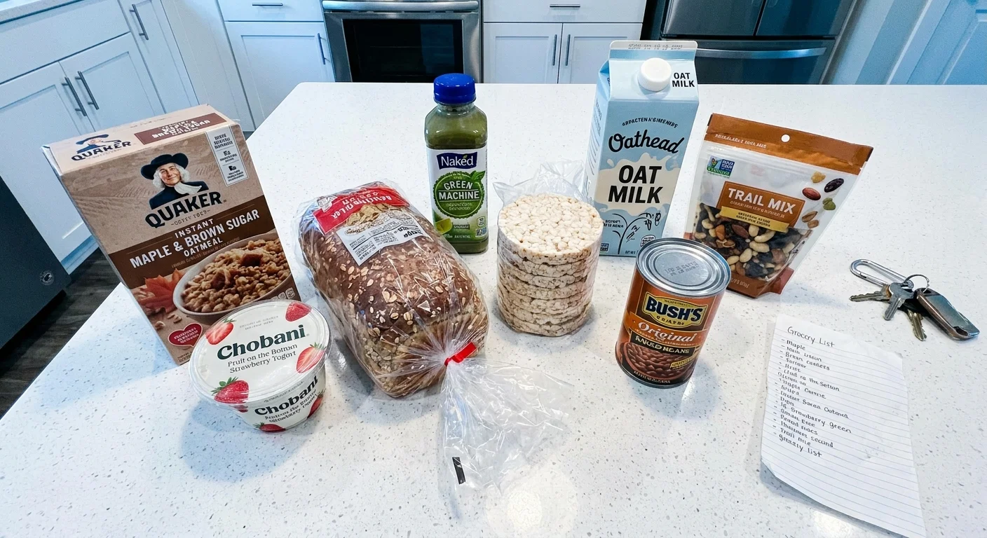 A collection of common healthy-looking grocery items like oatmeal, yogurt, and green juice sitting on a kitchen counter.