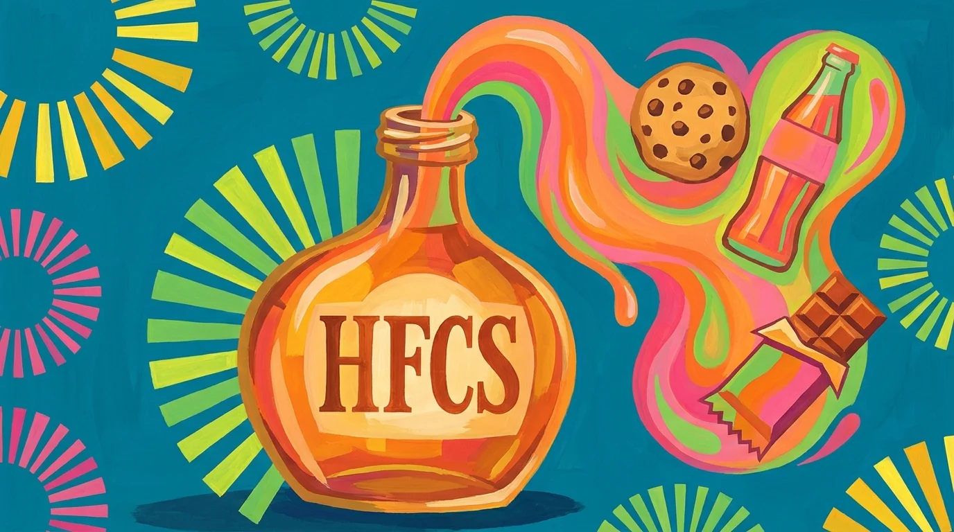 A colorful gouache illustration of a syrup bottle labeled HFCS surrounded by sweets.