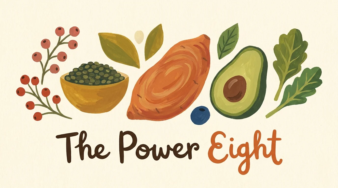 A colorful gouache illustration of sweet potatoes, lentils, berries, and avocados in a mid-century artistic style.