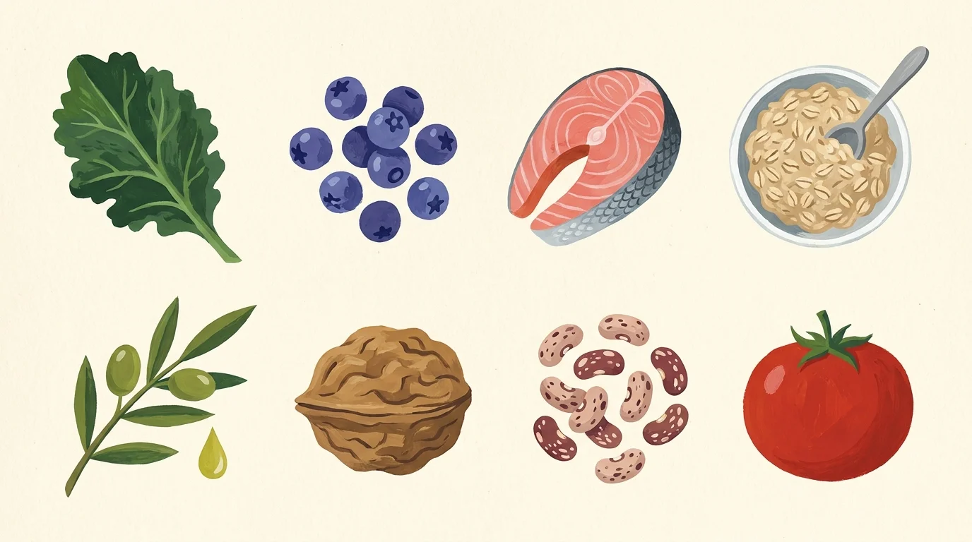 A colorful gouache illustration showcasing stylized icons of the eight cardioprotective foods mentioned in the article.