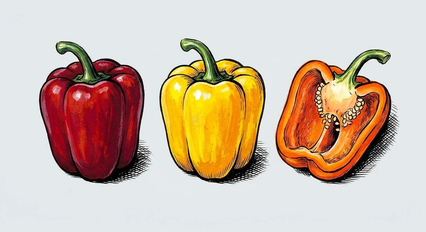 A colorful illustration of red, yellow, and orange bell peppers.