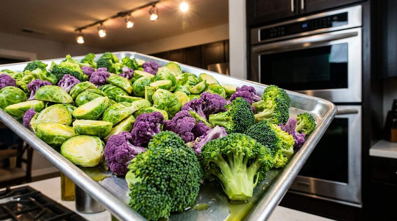 A colorful mix of broccoli, Brussels sprouts, and purple cauliflower on a baking sheet.