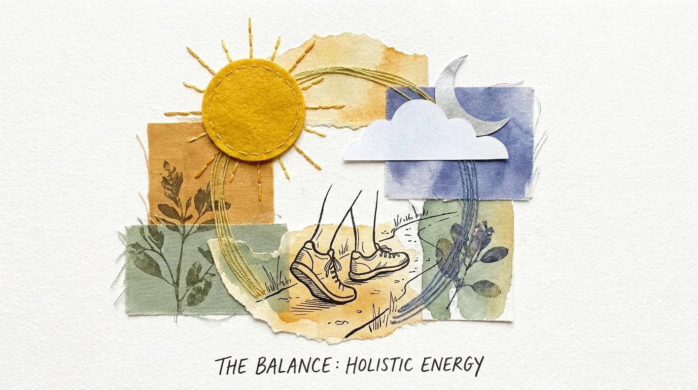 A colorful mixed-media collage featuring symbols for sleep, movement, and light to represent holistic health.