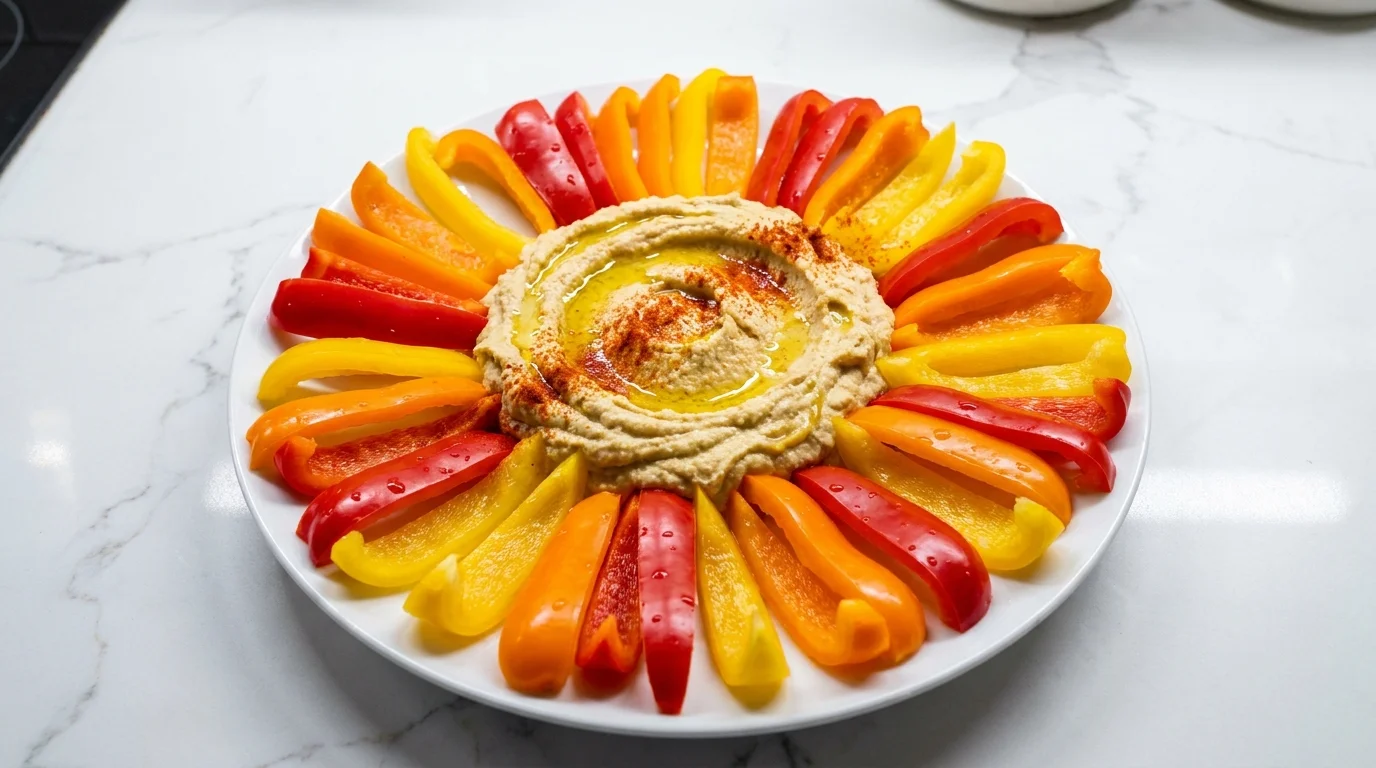 A colorful plate of red, orange, and yellow pepper strips surrounding a bowl of creamy hummus.