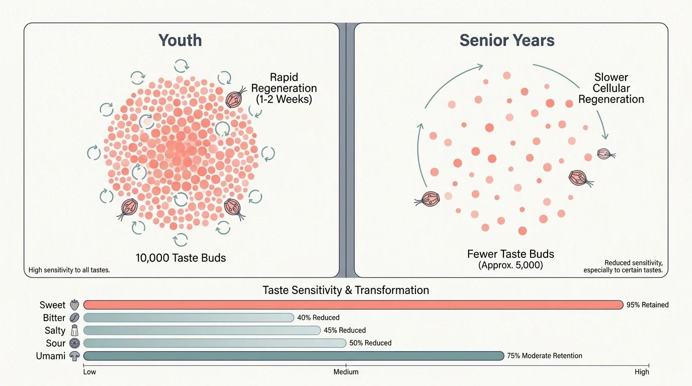 A comparative diagram showing the decrease in taste buds and the shift in flavor sensitivity between youth and senior years.
