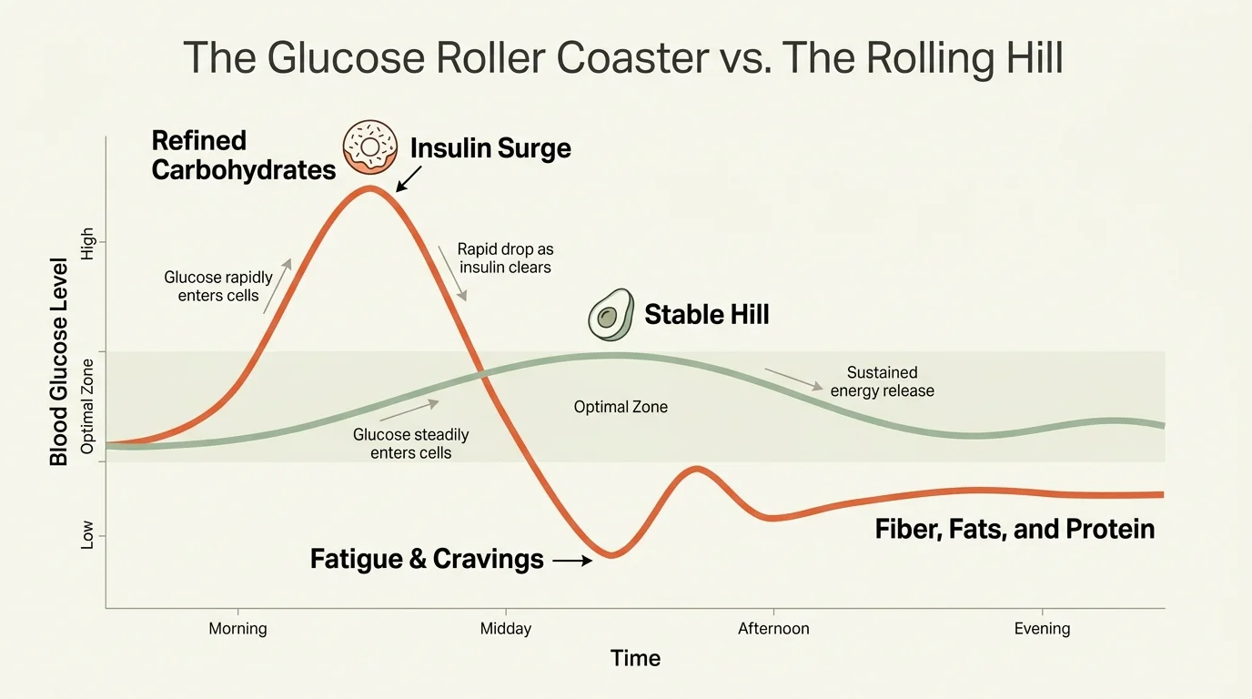 A comparative line graph showing a steep red spike from refined carbs versus a gentle green wave from fiber-rich foods.