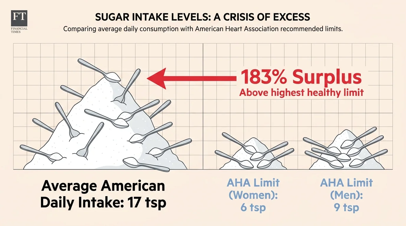 A comparison chart showing 17 teaspoons of sugar versus the recommended 6 for women and 9 for men.