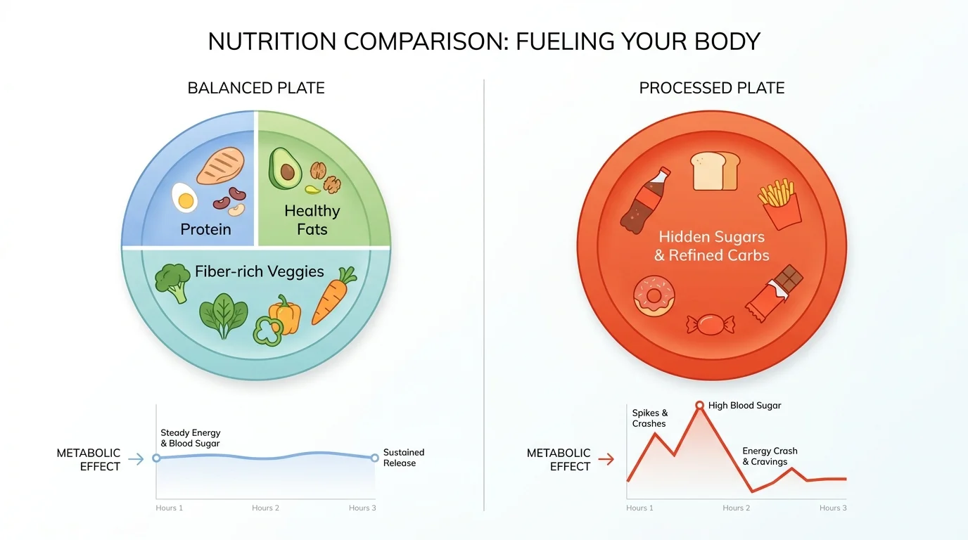A comparison diagram showing a balanced plate with protein and fiber versus a processed plate with hidden sugars.