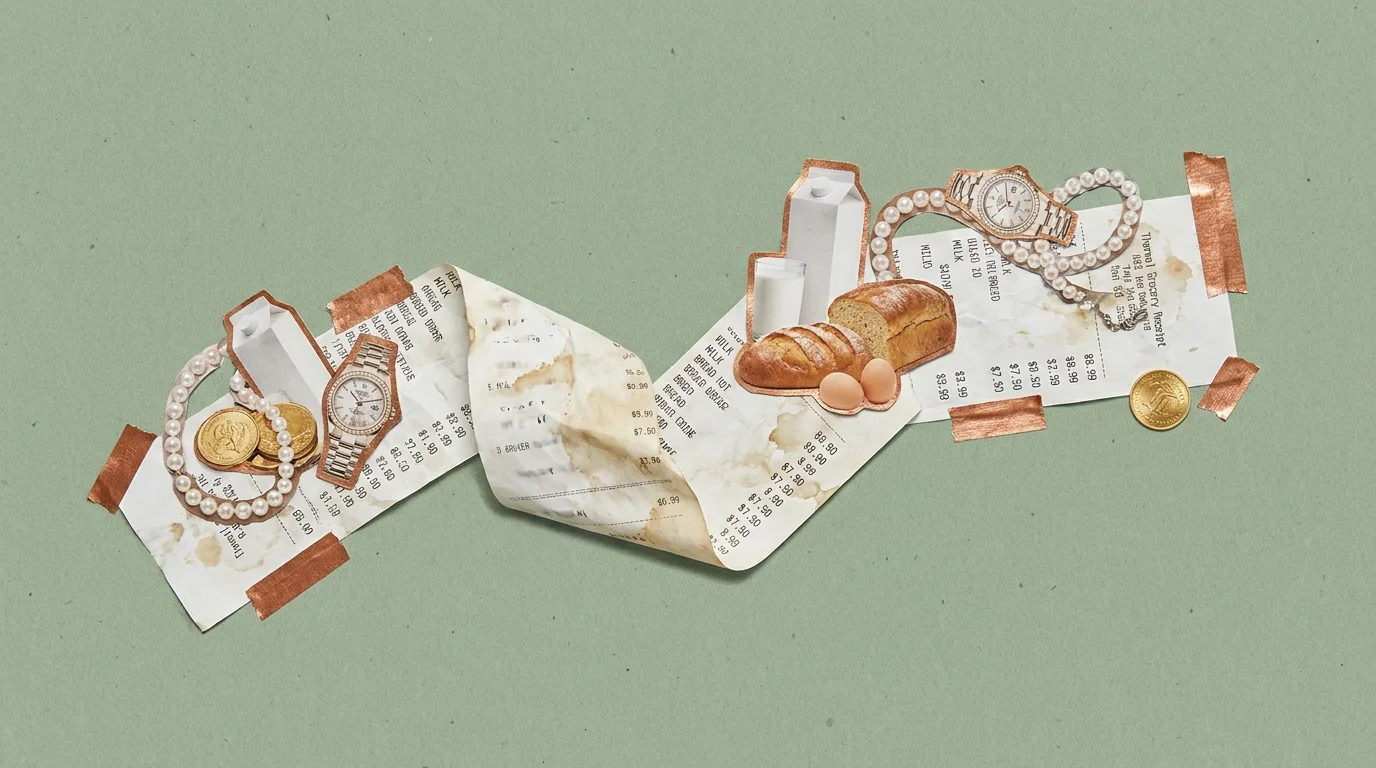 A conceptual collage featuring a long grocery receipt decorated with images of pearls, gold, and basic food items like bread.
