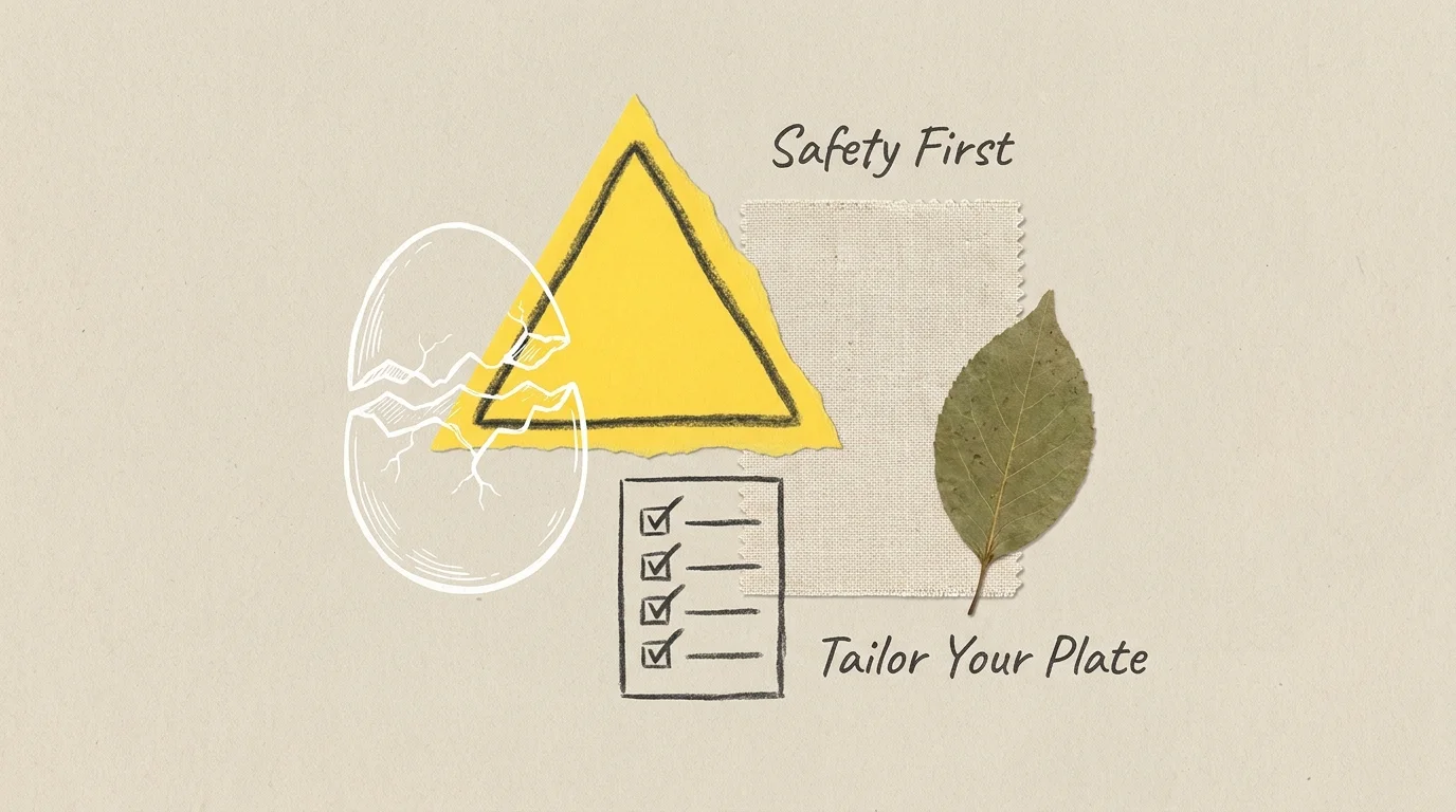 A conceptual collage with a caution sign and an eggshell, representing allergy awareness and recipe personalization.