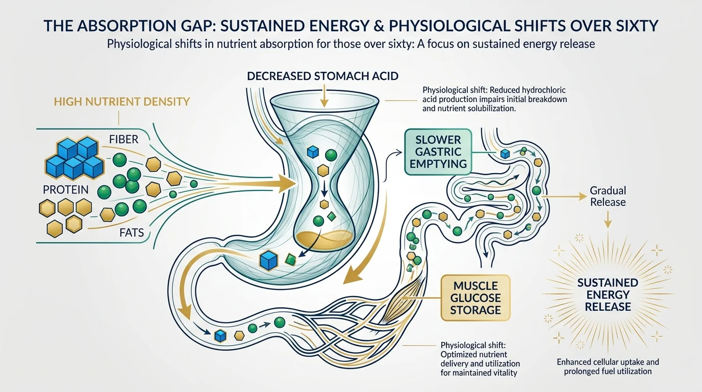 A conceptual diagram showing how nutrient-dense foods slow digestion to provide a steady release of glucose.