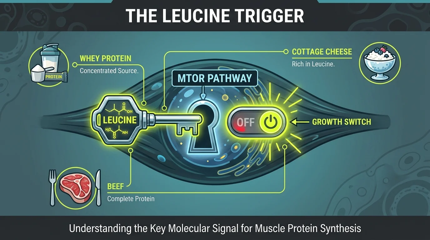 A conceptual diagram showing leucine acting as a key to trigger the muscle-building MTOR pathway.