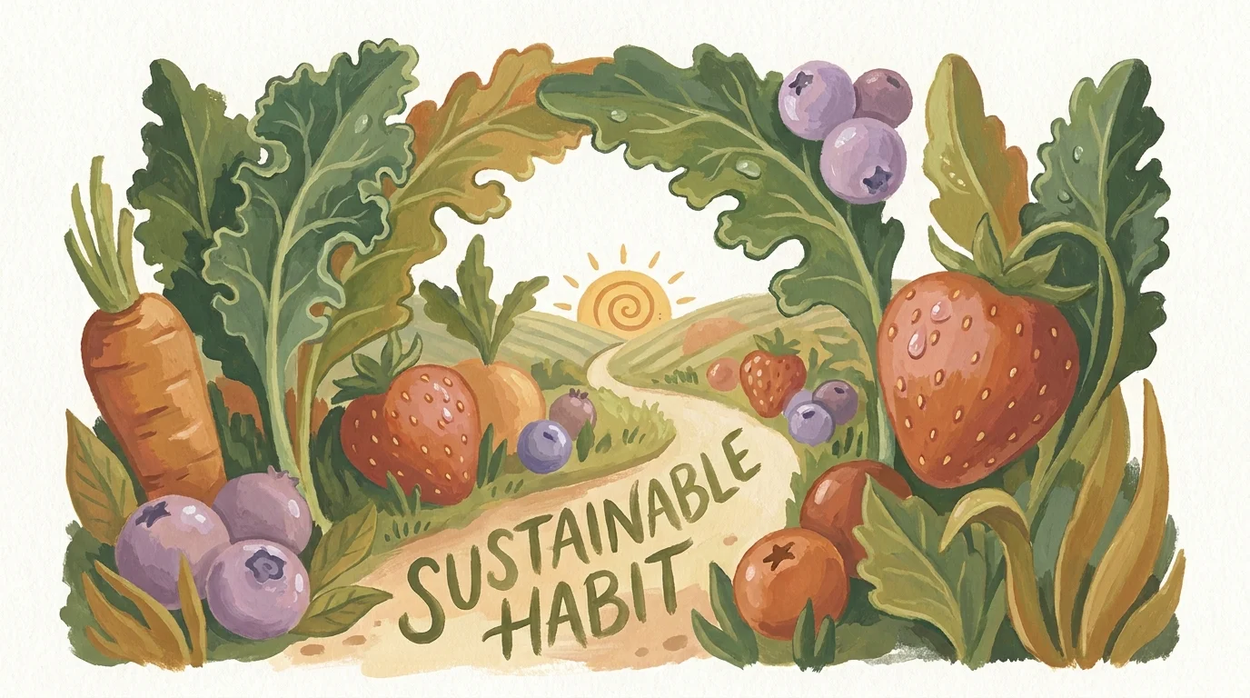 A conceptual gouache painting of a path winding through a garden of giant heart-healthy vegetables.