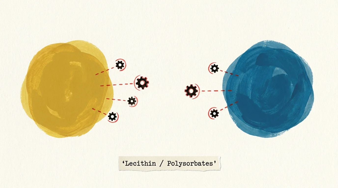 A conceptual illustration of oil and water being joined by mechanical symbols representing emulsifiers.