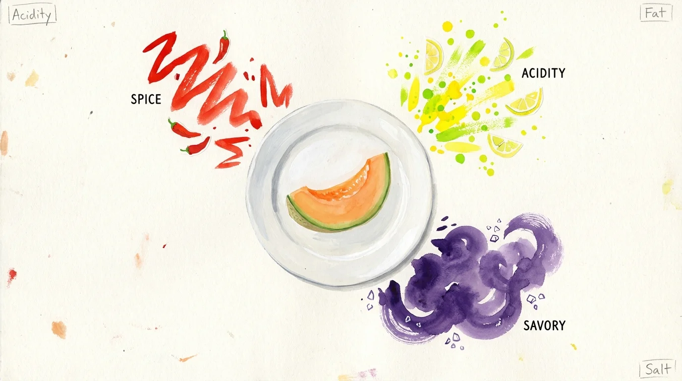 A conceptual illustration showing how simple flavor elements like acidity and salt elevate a basic ingredient on a plate.