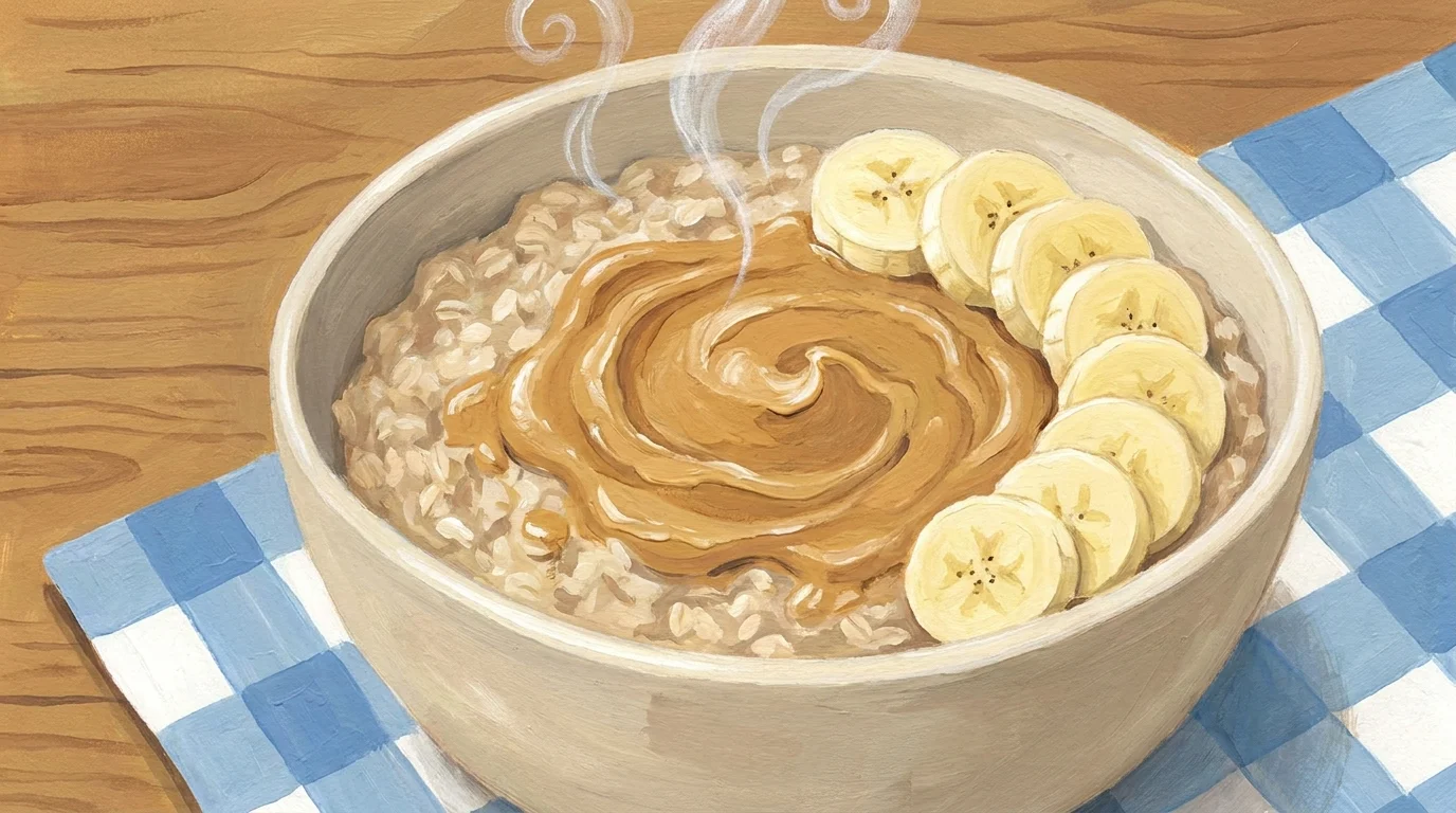 A cozy gouache illustration of a bowl of oatmeal with a peanut butter swirl and banana slices.