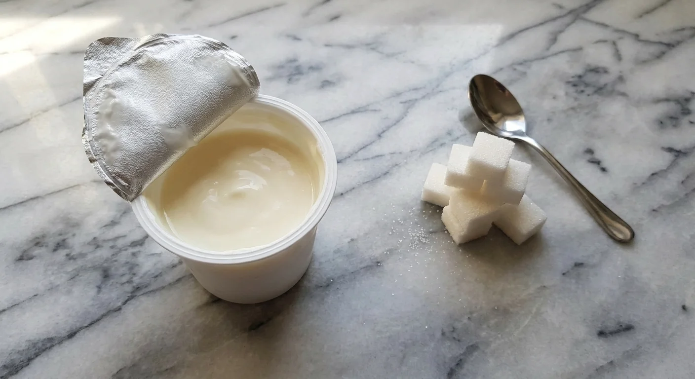 A cup of vanilla yogurt next to a stack of five and a half sugar cubes on a marble counter.