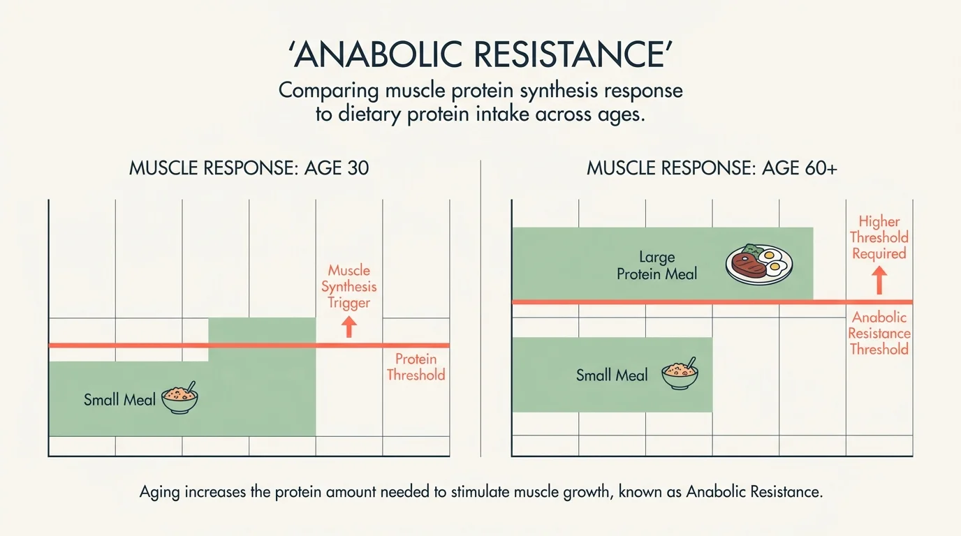 A diagram comparing muscle protein synthesis thresholds between age 30 and age 60, highlighting anabolic resistance.