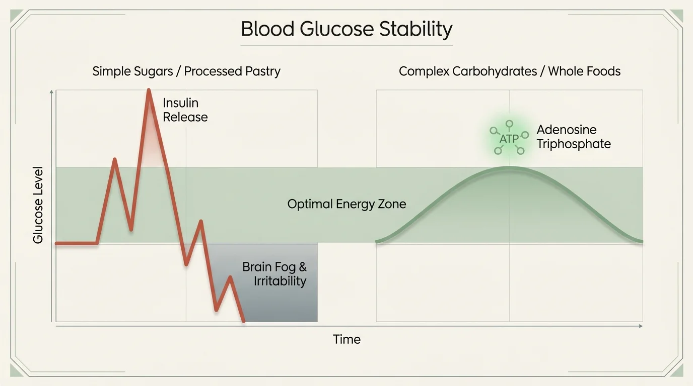 A diagram comparing the sharp blood sugar spike of simple sugars to the steady energy curve of complex carbohydrates.