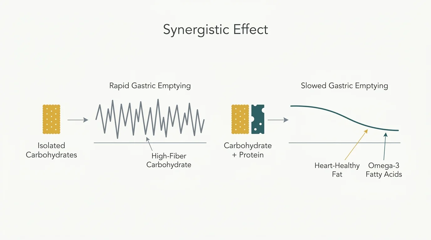 A diagram illustrating how pairing carbohydrates with protein or fat slows digestion to prevent blood sugar fluctuations.