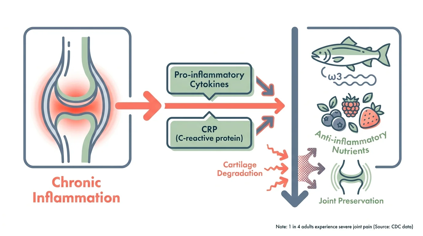 A diagram showing how anti-inflammatory nutrients block cytokines and C-reactive protein to protect joint cartilage.