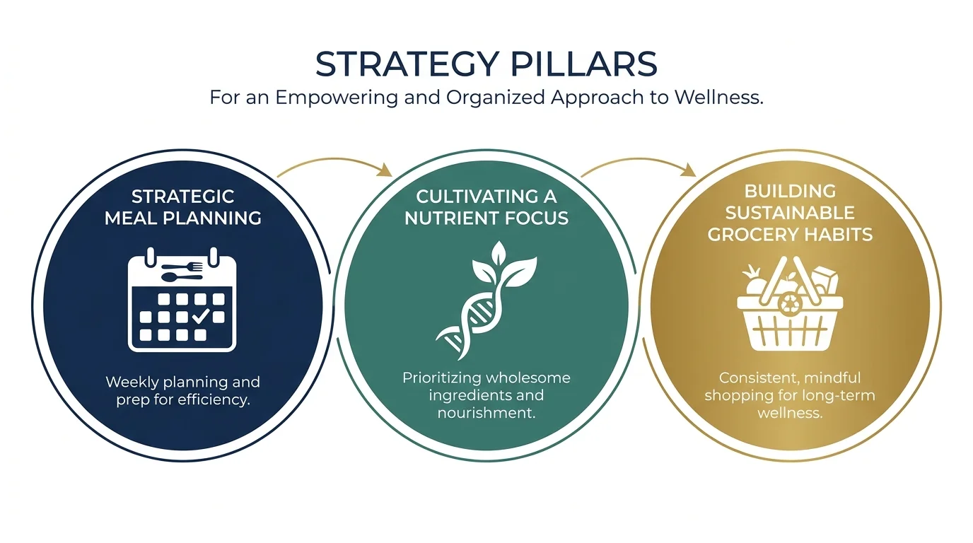 A diagram showing three pillars: Strategic Meal Planning, Nutrient Focus, and Sustainable Grocery Habits.