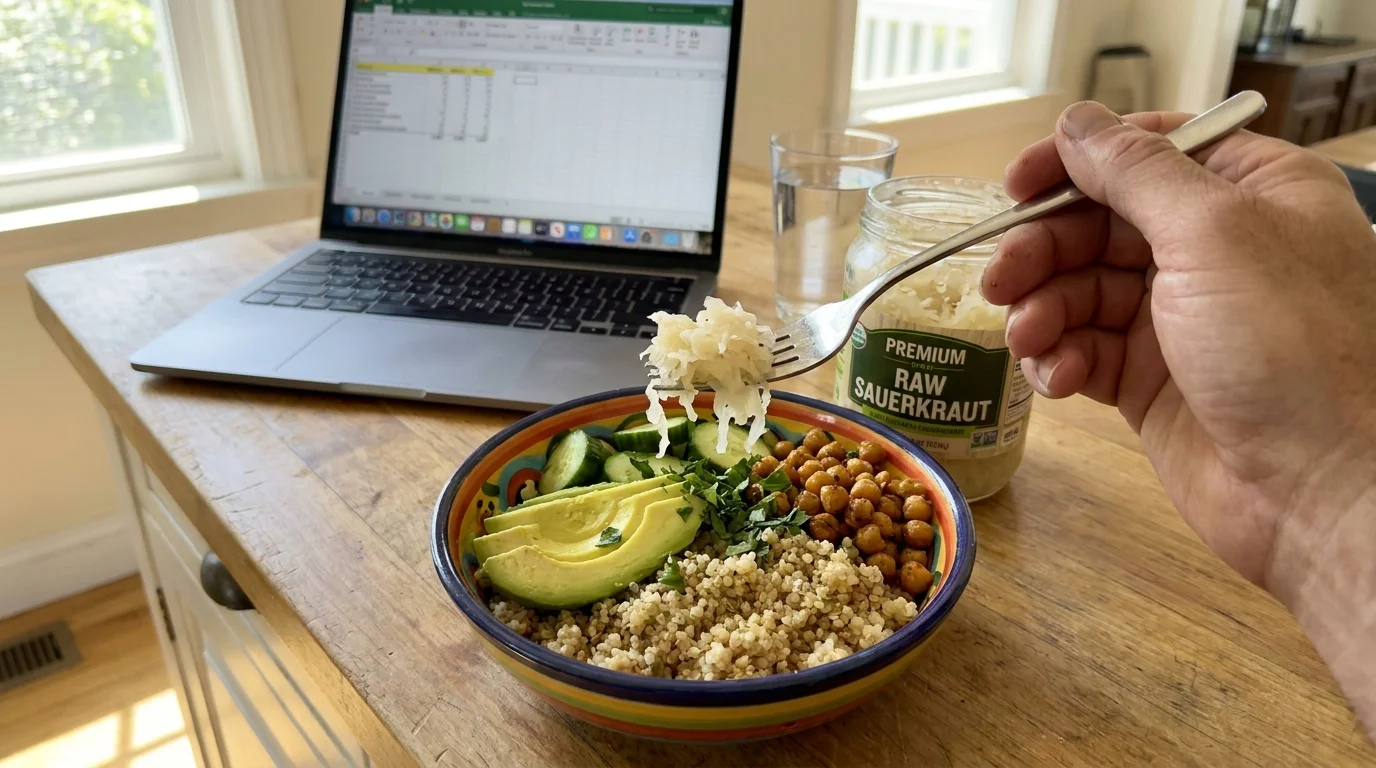 A first-person photo of someone adding a forkful of sauerkraut to a modern grain bowl for lunch.