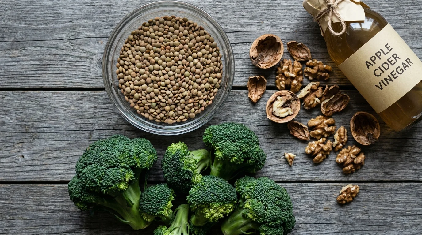 A flat lay of broccoli, walnuts, lentils, and apple cider vinegar arranged on a rustic wooden table.