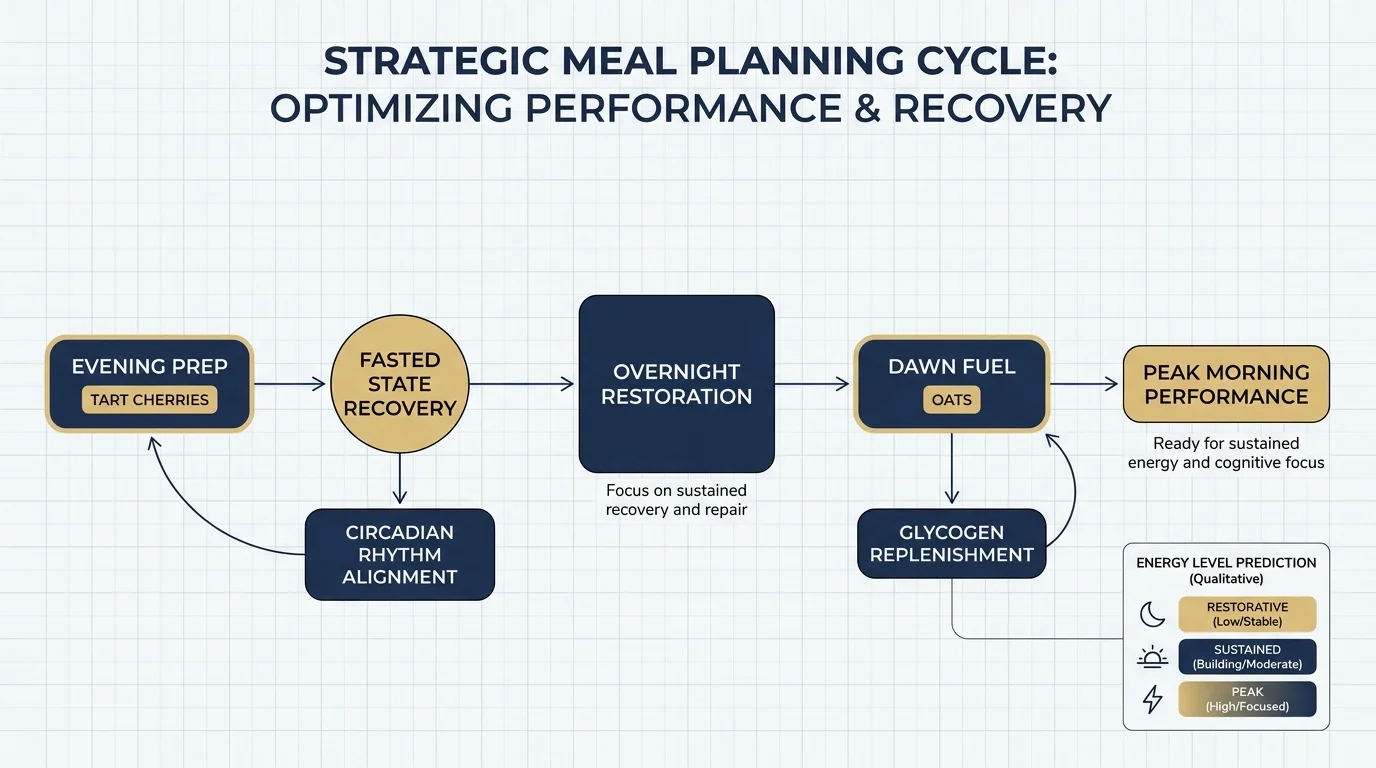A flowchart diagram showing the relationship between evening food choices and morning energy levels.
