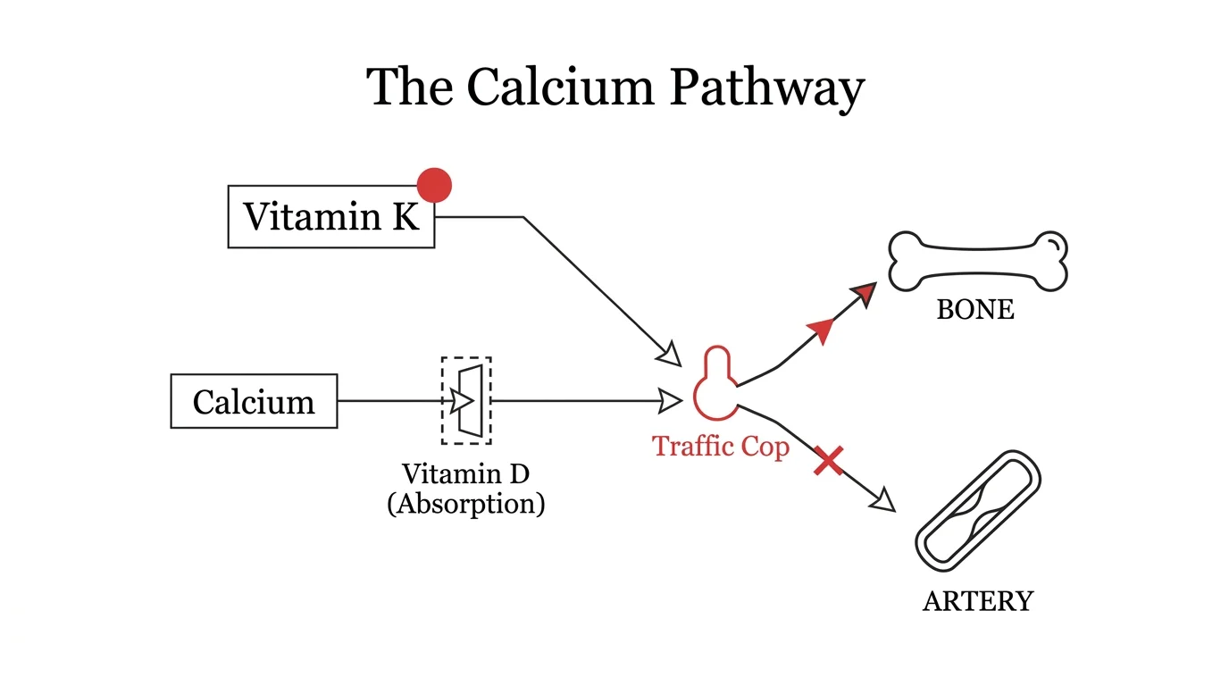 A flowchart showing how Vitamin D and Vitamin K work together to absorb and direct calcium into the bones.