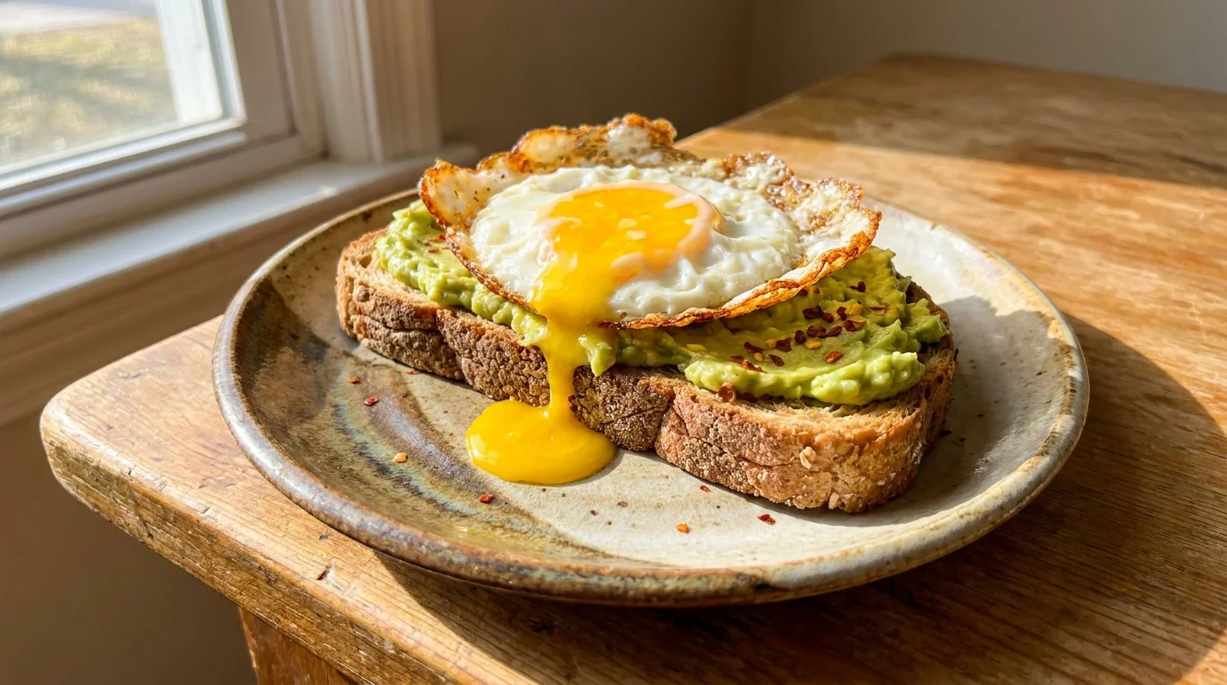 A fried egg with a runny yolk on top of mashed avocado and whole grain toast.
