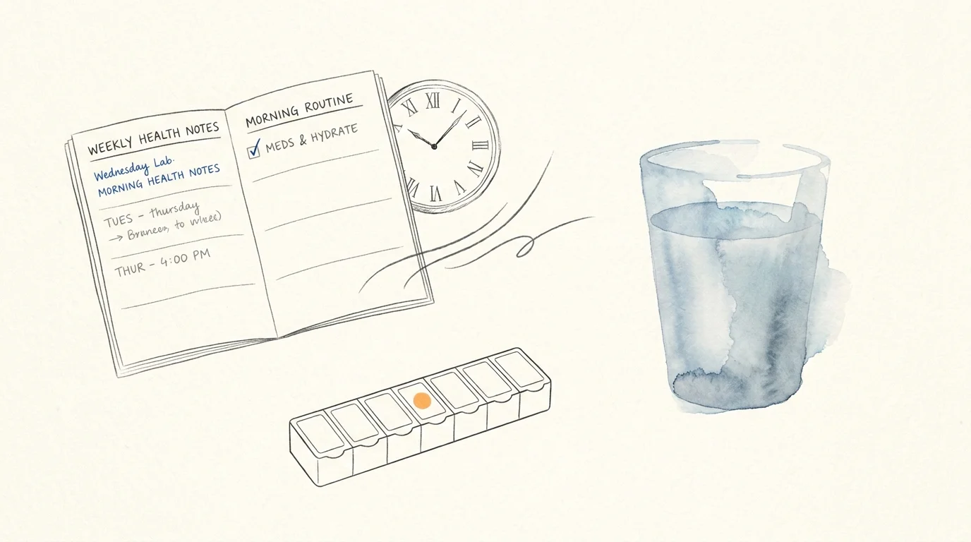 A gentle artistic collage showing a planner, a clock, and a glass of water to symbolize health monitoring.