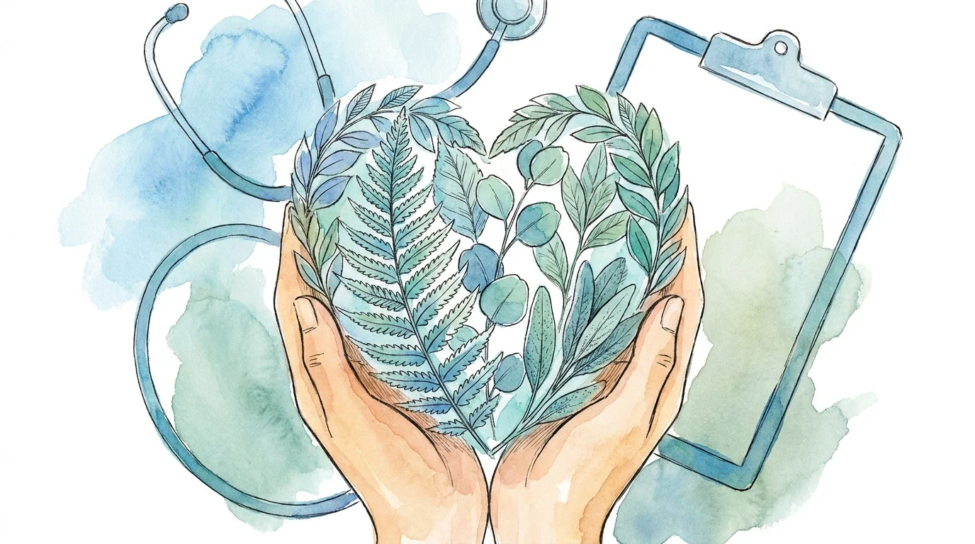 A gentle illustration of hands holding a leafy, heart-shaped shield, symbolizing nutritional protection and safety.