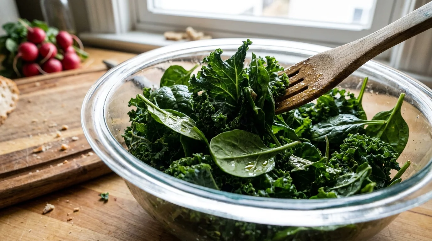 A glass bowl of raw kale and spinach being tossed with dressing on a kitchen counter.