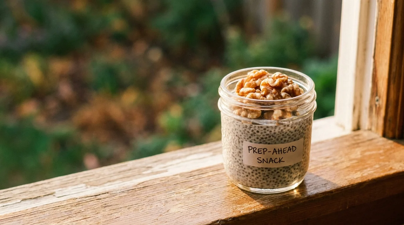 A glass jar of chia seed pudding topped with walnuts, sitting on a sunlit wooden windowsill.