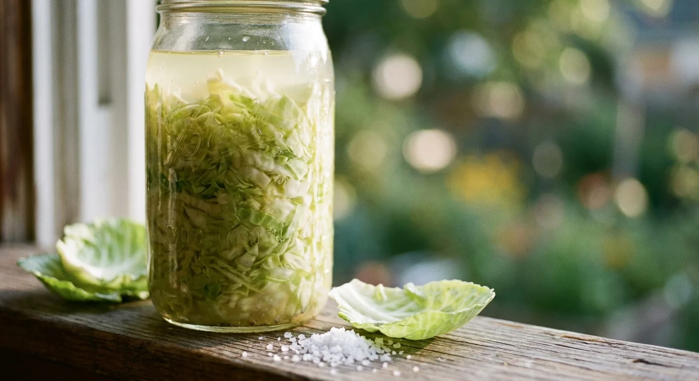 A glass jar of fermenting sauerkraut sits on a wooden windowsill, glowing in the soft morning light.