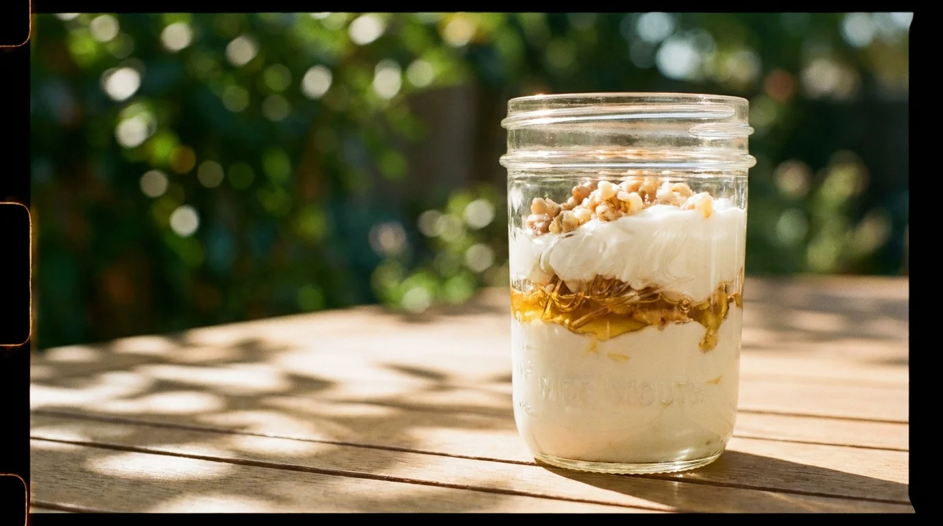 A glass jar of thick Greek yogurt with honey and walnuts on a sunlit garden table.