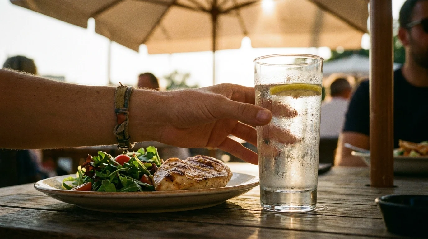 A glass of water with lemon next to a protein-rich meal on a sunlit patio table.