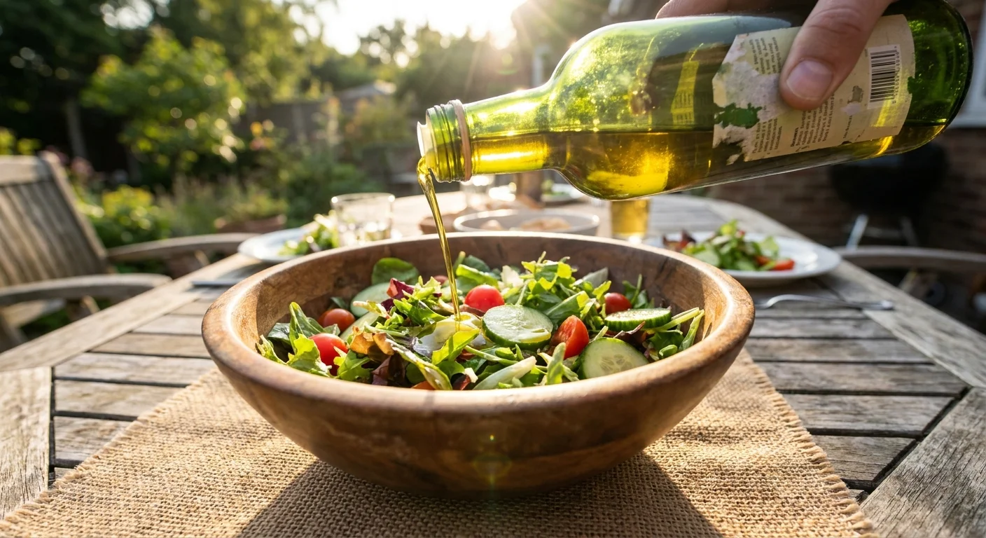 A golden stream of olive oil being poured from a glass bottle onto a fresh salad on a sunny patio.