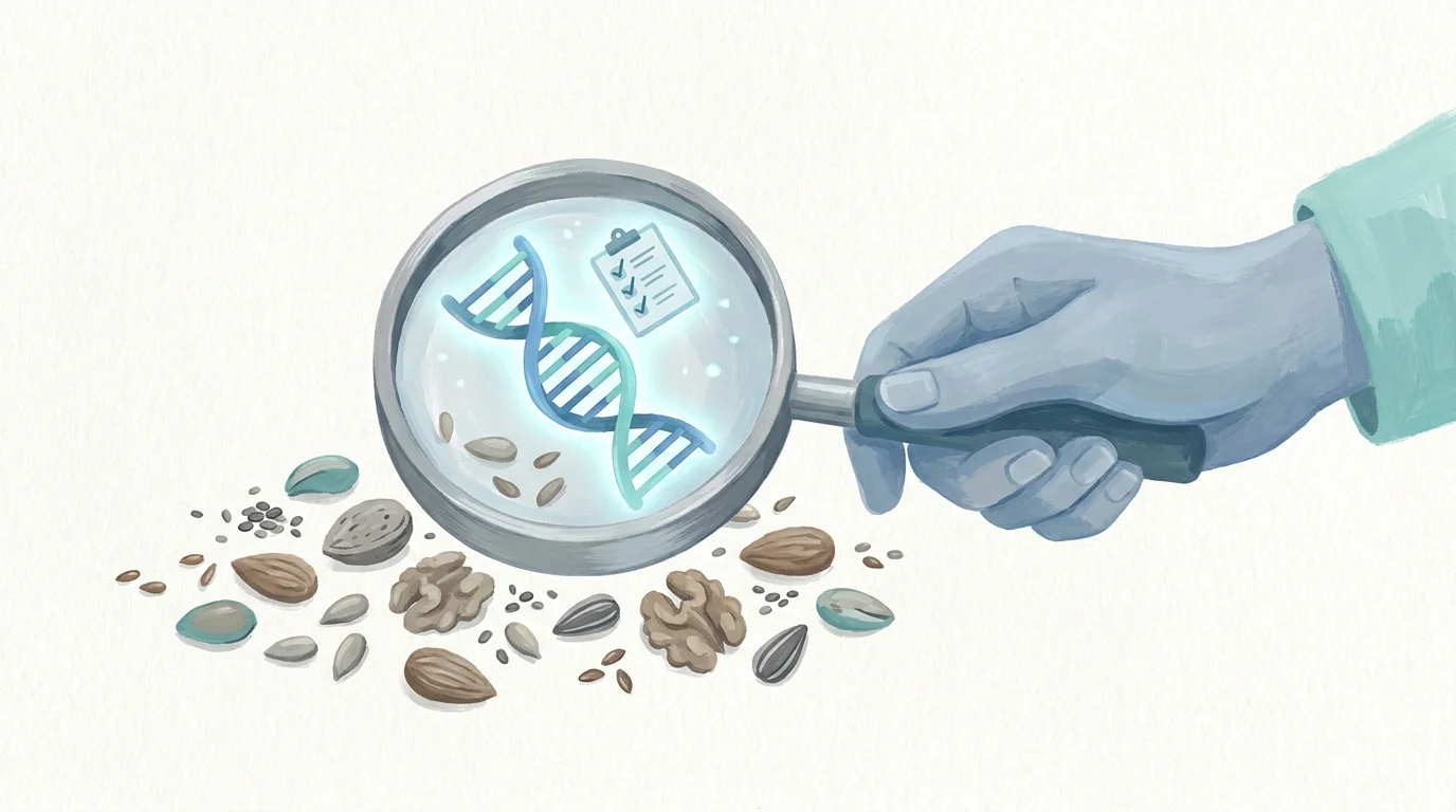 A gouache illustration of a hand using a magnifying glass to inspect food, symbolizing personalized nutrition.