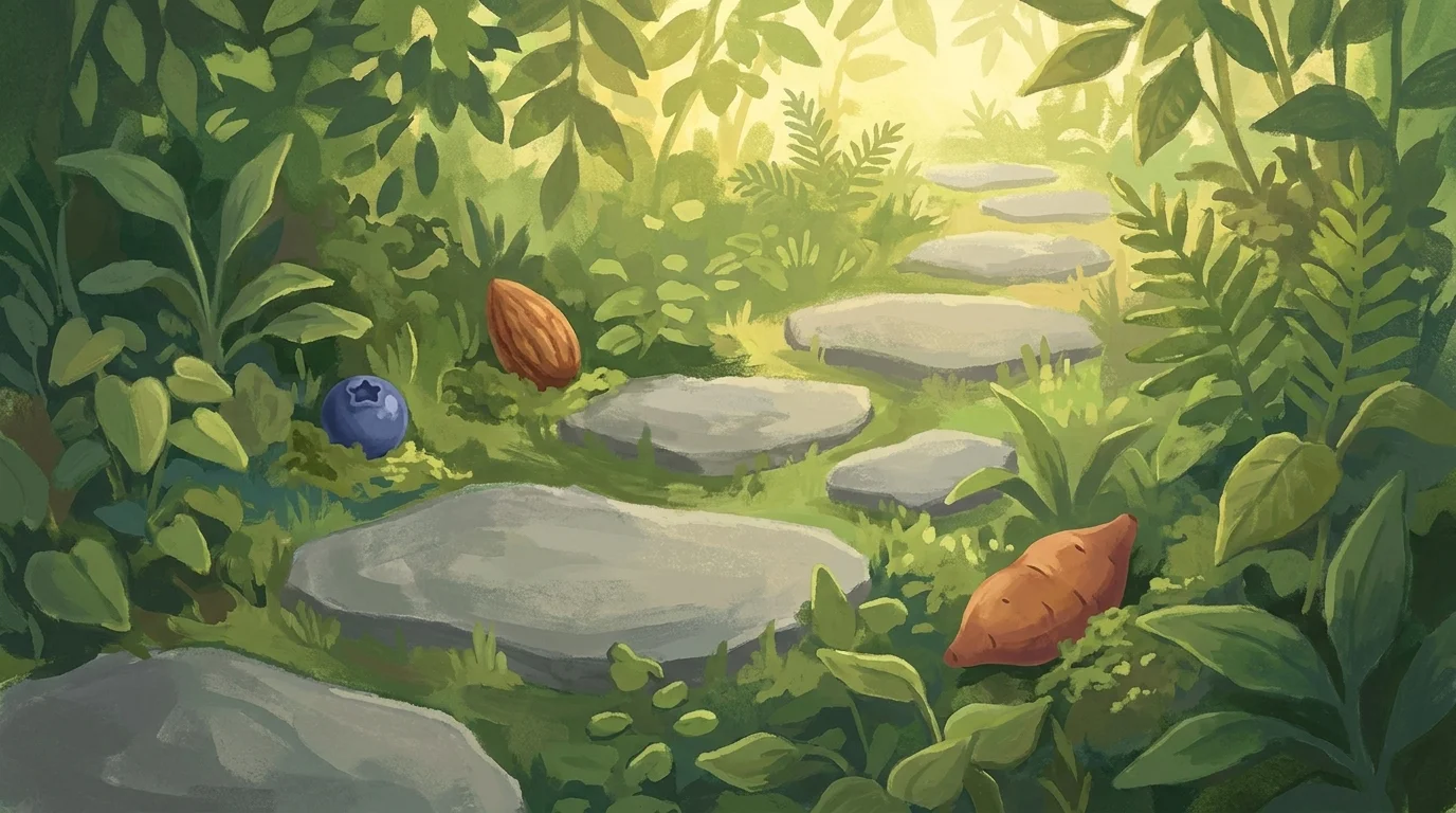 A gouache illustration of a stone path in a garden, symbolizing the journey of building healthy habits.