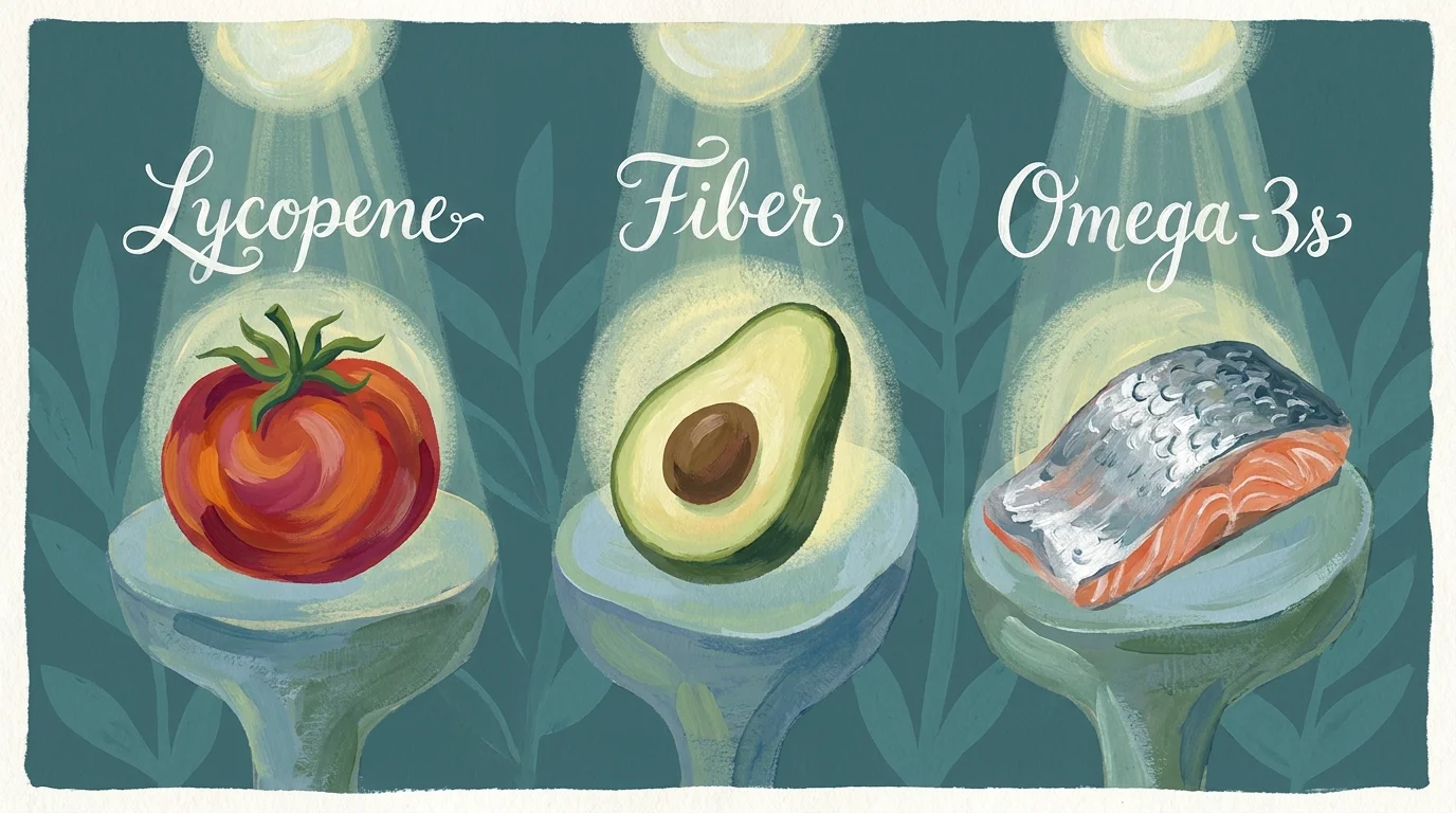 A gouache illustration of a tomato, avocado, and salmon on pedestals, labeled with their key nutrients like Lycopene and Omega-3s.