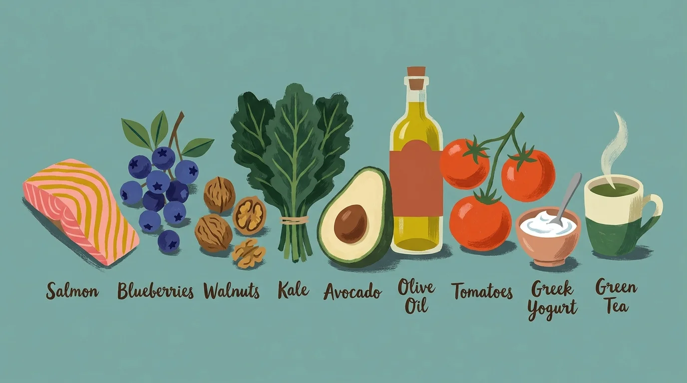 A gouache illustration of nine anti-aging foods including salmon, blueberries, walnuts, and green tea on a teal background.