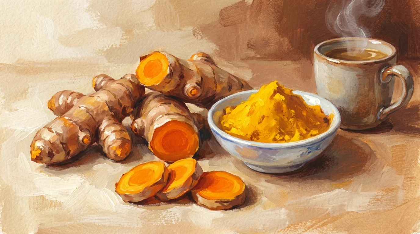 A gouache painting of raw turmeric roots and a bowl of yellow turmeric powder.