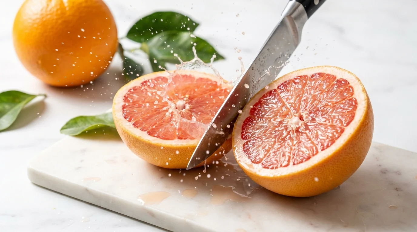 A grapefruit being sliced on a marble board with juice droplets visible, symbolizing fresh citrus nutrients.