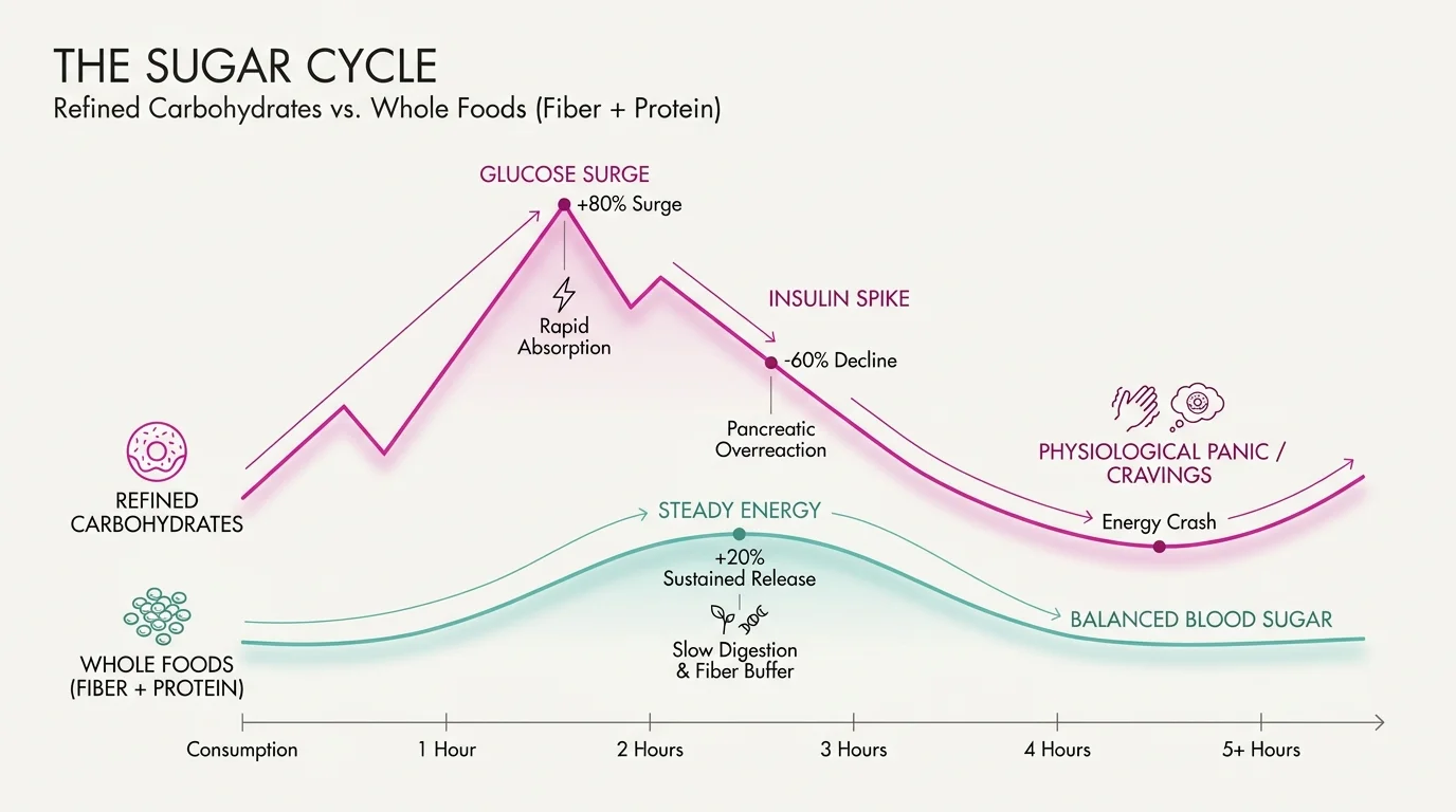 A graph comparing the sharp blood sugar spikes of refined carbs to the steady energy levels provided by whole foods.