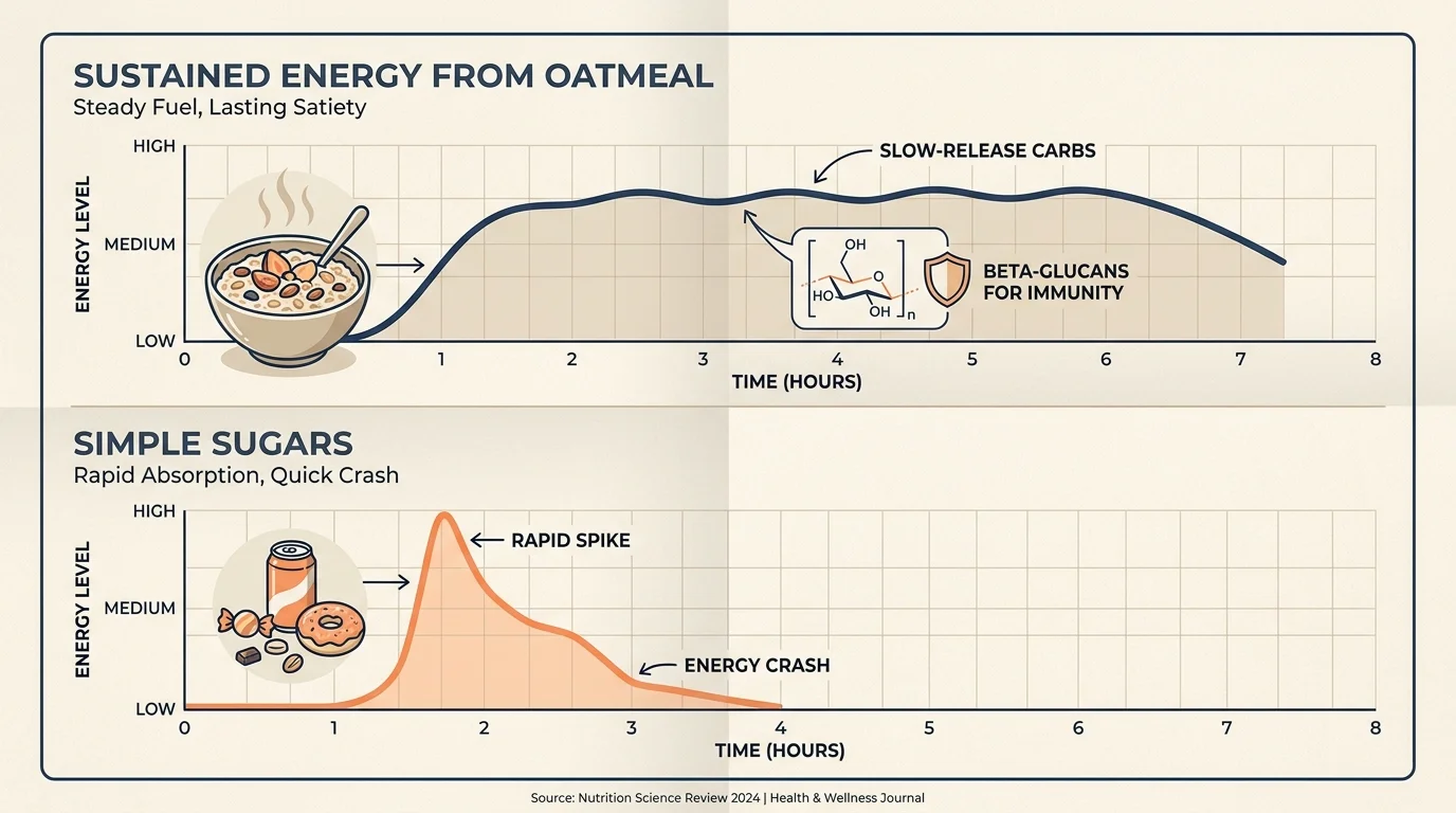 A graph comparing the sustained energy of oatmeal versus the quick spike and crash of simple sugars.